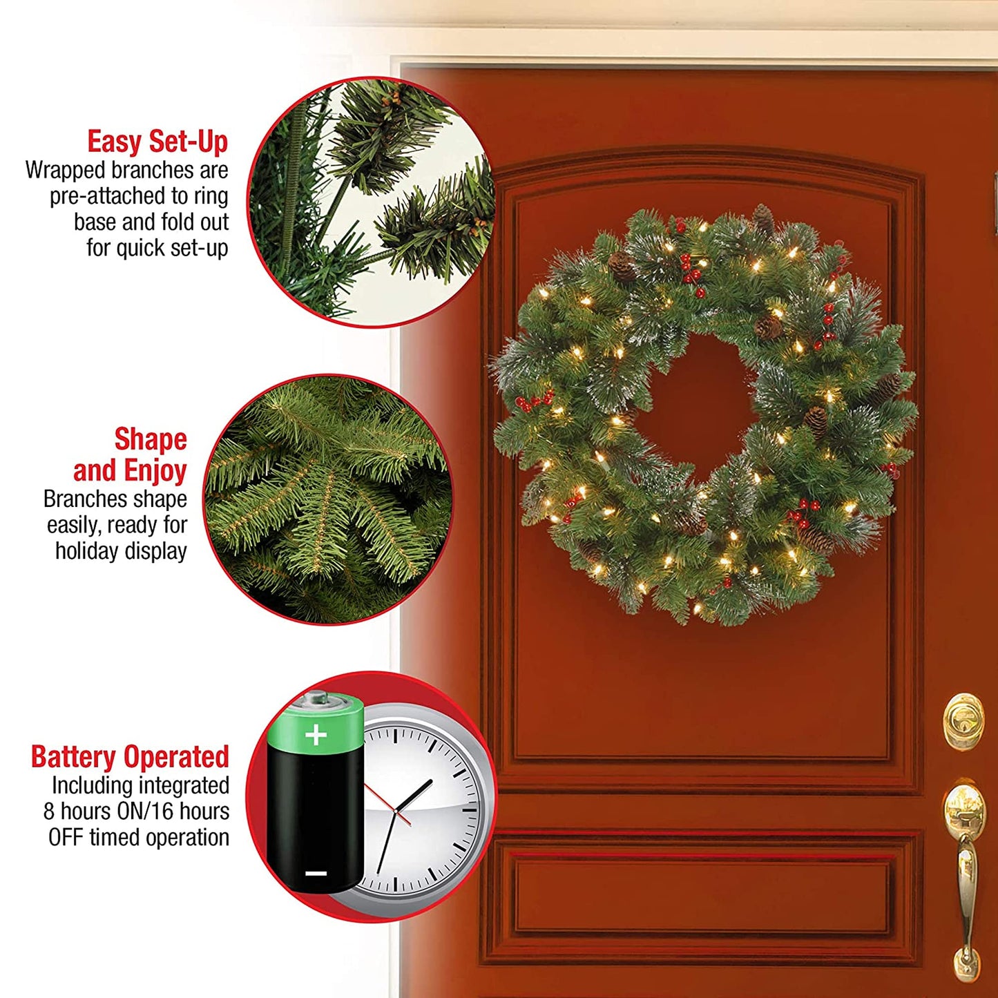 National Tree Company Pre-Lit Artificial Christmas Wreath, Green, Crestwood Spruce, White Lights, Decorated with Pine Cones, Berry Clusters, Frosted Branches, Christmas Collection, 24 Inches