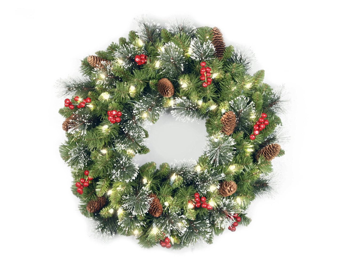 National Tree Company Pre-Lit Artificial Christmas Wreath, Green, Crestwood Spruce, White Lights, Decorated with Pine Cones, Berry Clusters, Frosted Branches, Christmas Collection, 24 Inches