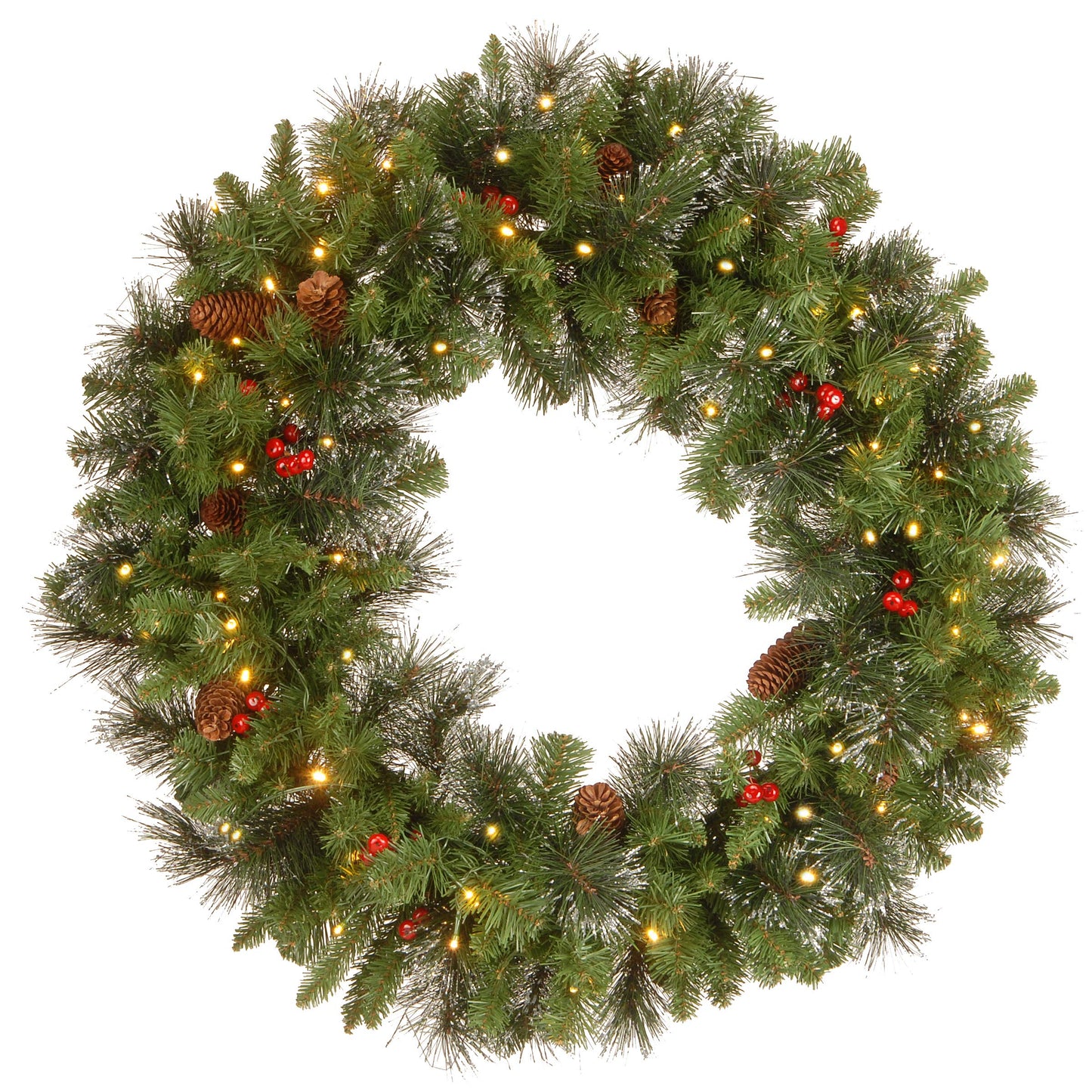 National Tree Company Pre-Lit Artificial Christmas Wreath, Green, Crestwood Spruce, White Lights, Decorated with Pine Cones, Berry Clusters, Frosted Branches, Christmas Collection, 24 Inches