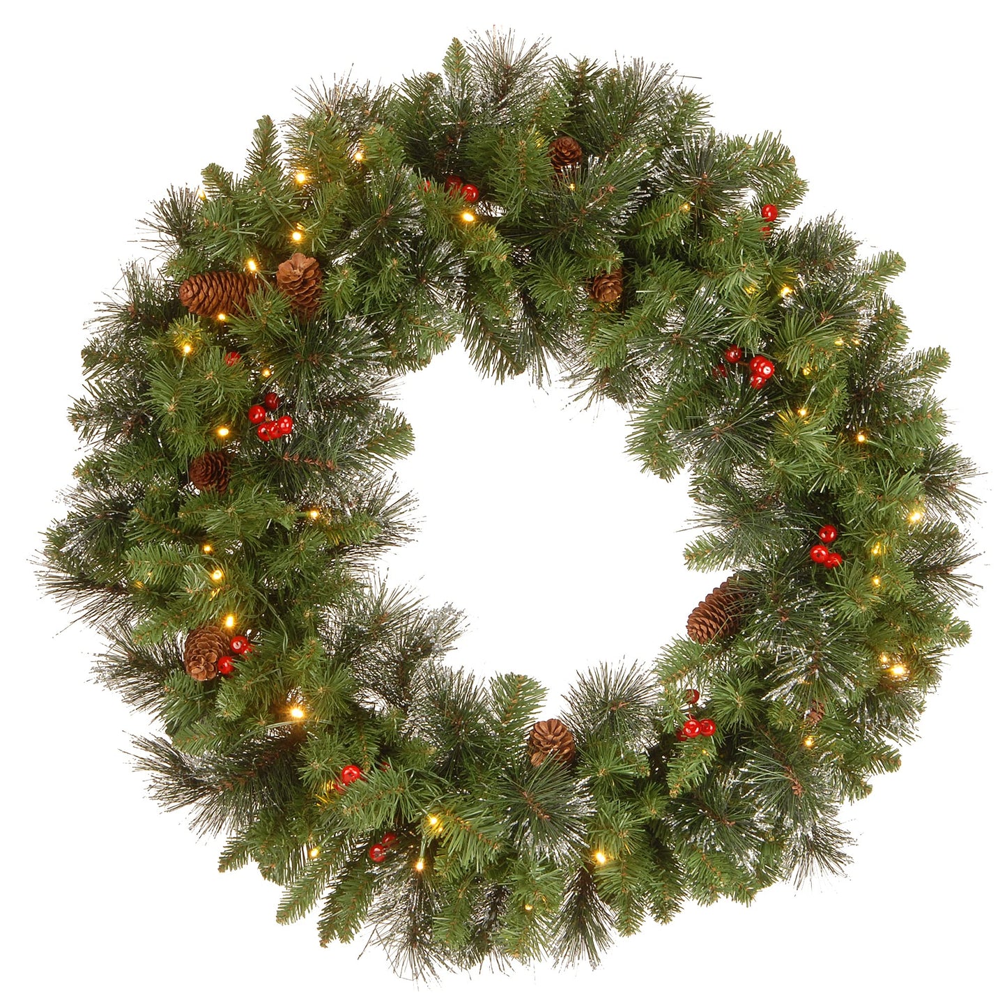 National Tree Company Pre-Lit Artificial Christmas Wreath, Green, Crestwood Spruce, White Lights, Decorated with Pine Cones, Berry Clusters, Frosted Branches, Christmas Collection, 24 Inches