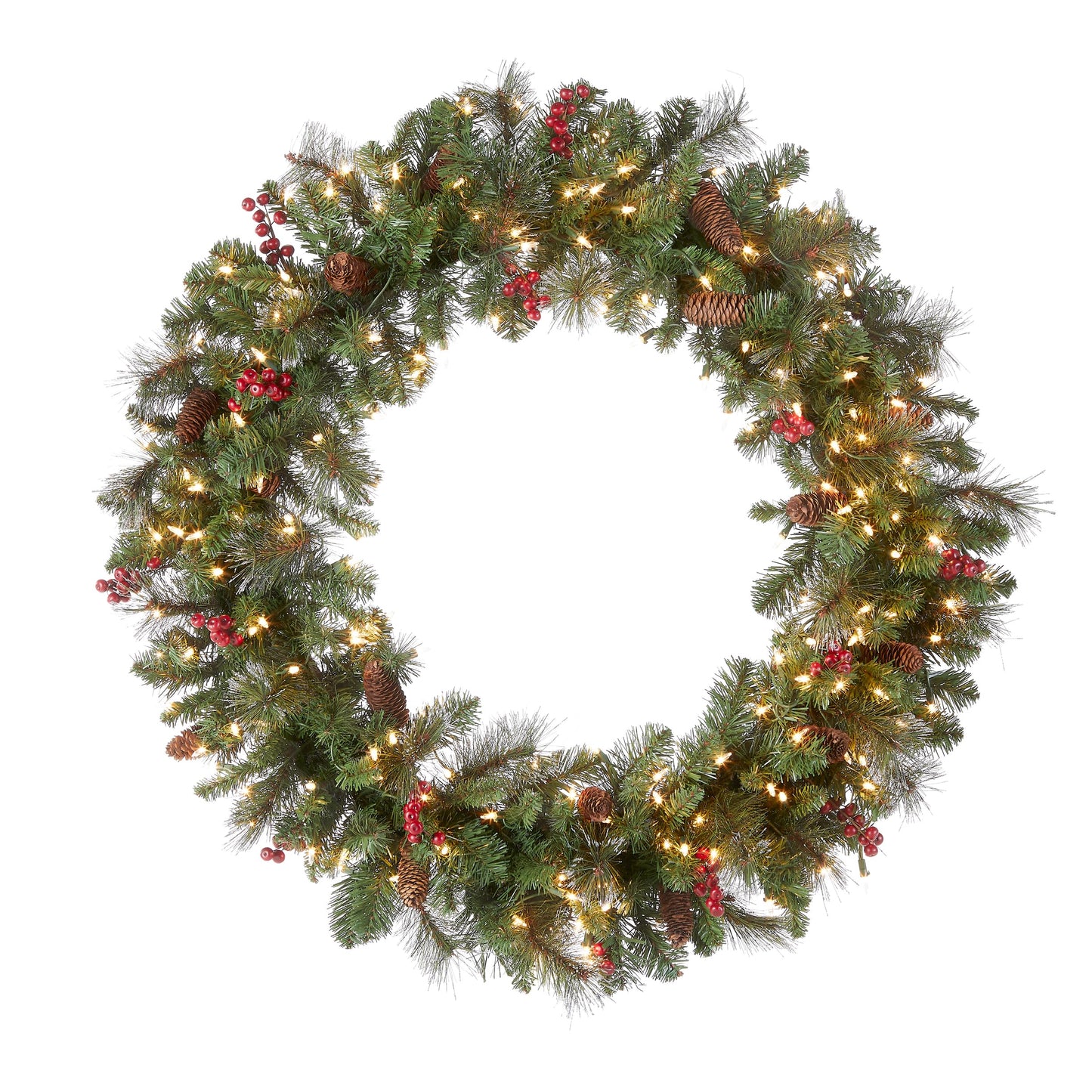 National Tree Company Pre-Lit Artificial Christmas Wreath, Green, Crestwood Spruce, White Lights, Decorated with Pine Cones, Berry Clusters, Frosted Branches, Christmas Collection, 24 Inches