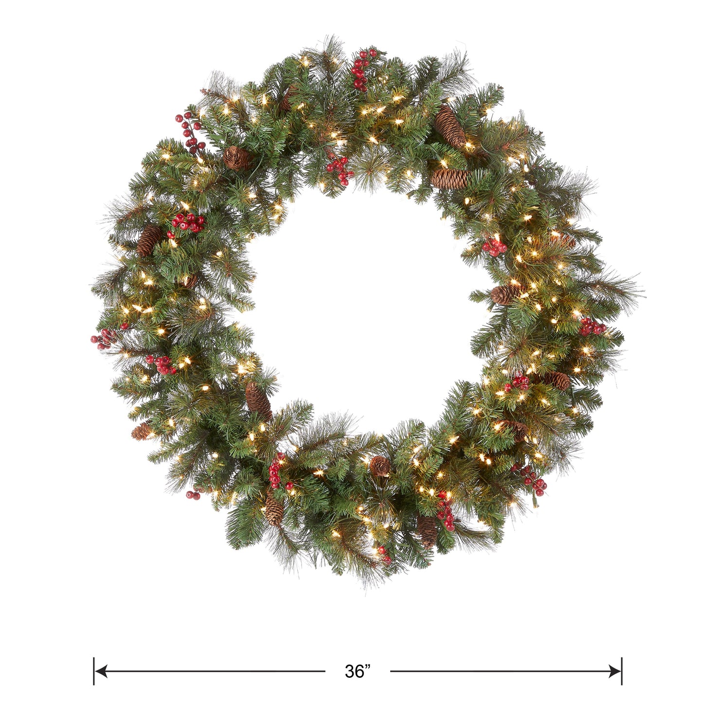 National Tree Company Pre-Lit Artificial Christmas Wreath, Green, Crestwood Spruce, White Lights, Decorated with Pine Cones, Berry Clusters, Frosted Branches, Christmas Collection, 24 Inches