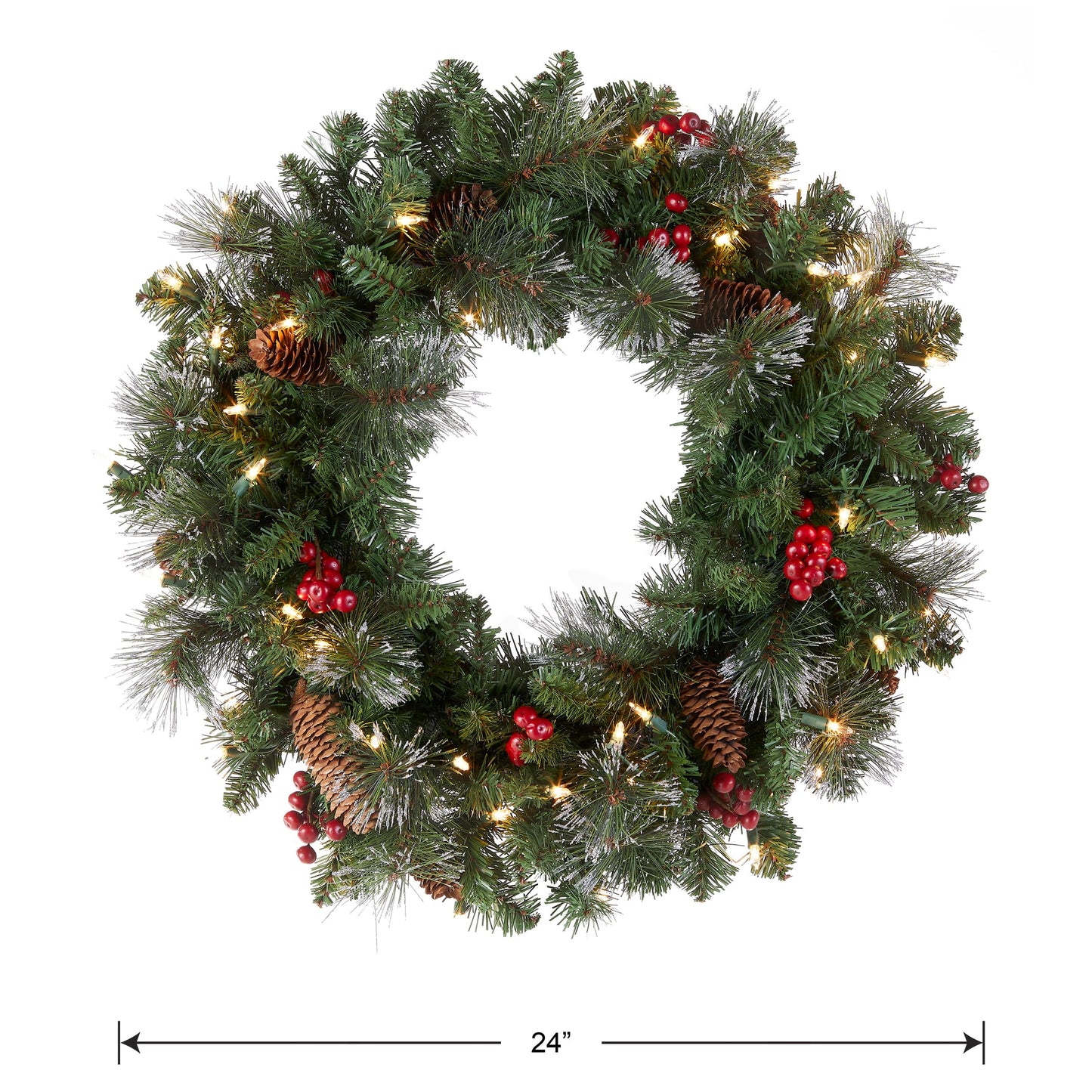 National Tree Company Pre-Lit Artificial Christmas Wreath, Green, Crestwood Spruce, White Lights, Decorated with Pine Cones, Berry Clusters, Frosted Branches, Christmas Collection, 24 Inches