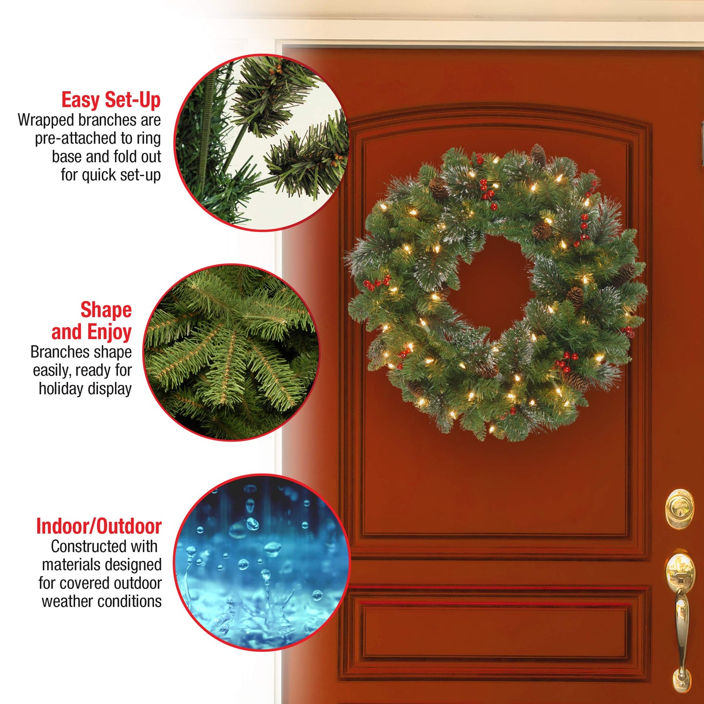 National Tree Company Pre-Lit Artificial Christmas Wreath, Green, Crestwood Spruce, White Lights, Decorated with Pine Cones, Berry Clusters, Frosted Branches, Christmas Collection, 24 Inches