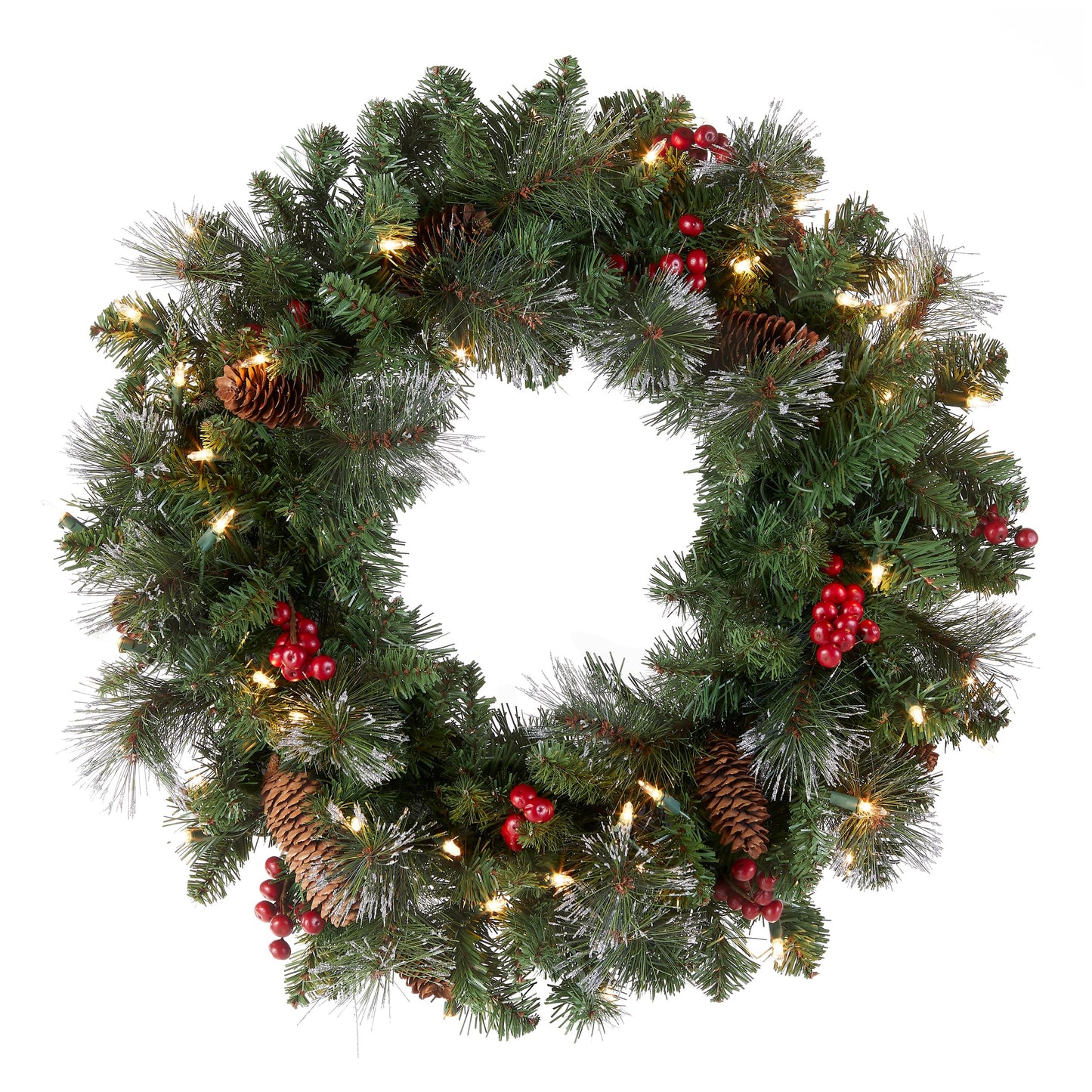 National Tree Company Pre-Lit Artificial Christmas Wreath, Green, Crestwood Spruce, White Lights, Decorated with Pine Cones, Berry Clusters, Frosted Branches, Christmas Collection, 24 Inches